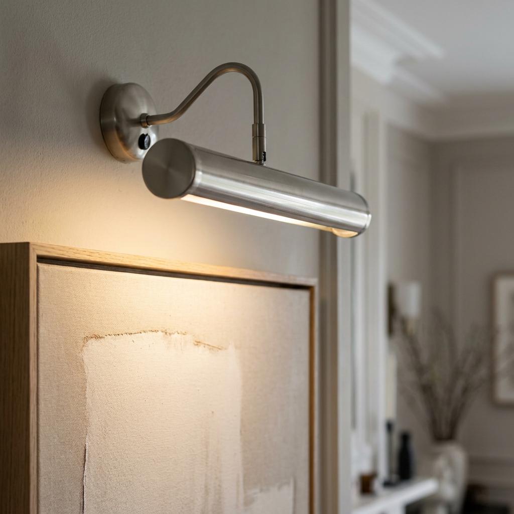 Antique chrome picture light with a cylindrical head mounted on a wall, illuminating a framed abstract painting.