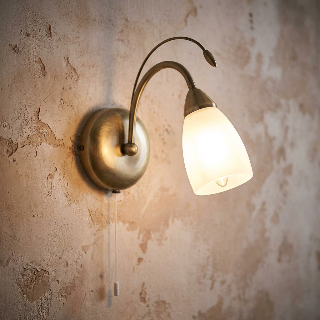 Antwerp 1 Light Antique Brass Wall Light with a frosted glass shade and pull cord on a rustic textured wall.