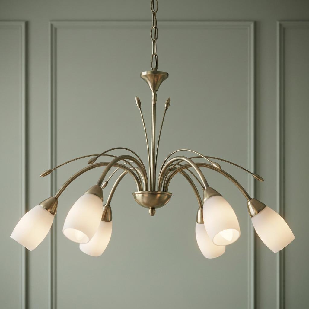 Antwerp 6 light antique brass chandelier with frosted glass shades against a sage green paneled wall.