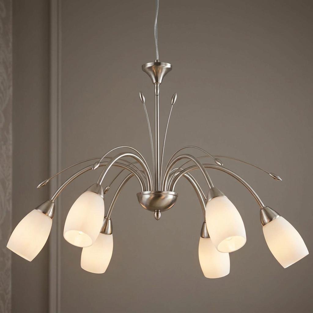 Antwerp 6 light antique chrome chandelier with curved arms and frosted white glass shades.