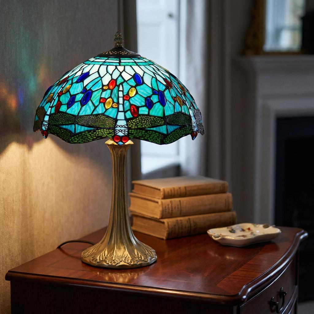 Aqua Dragonfly Tiffany table lamp with a teal stained glass shade on a wooden table beside old books.