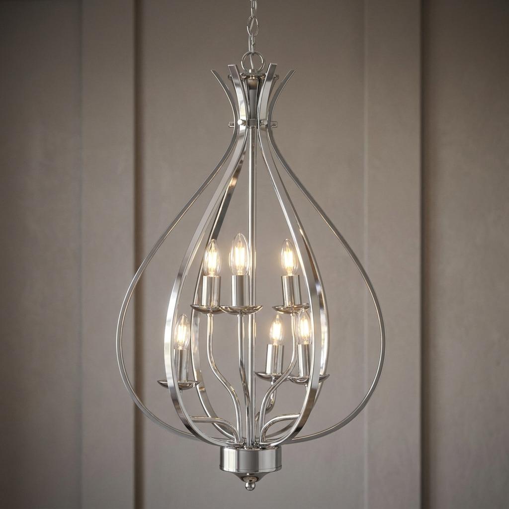 Araba 6-light chrome pendant light with an open teardrop metal frame and six glowing candle-style bulbs.