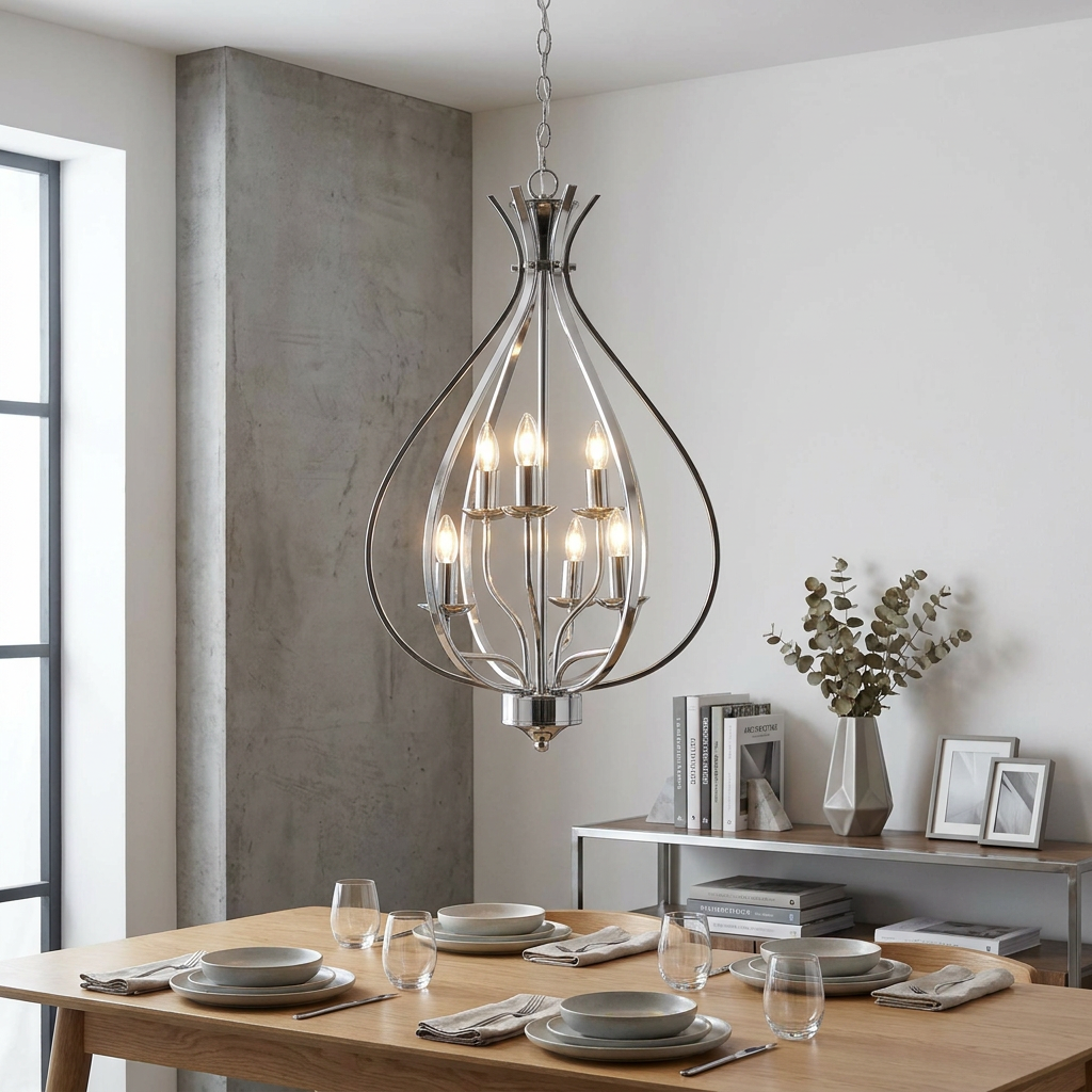 Elegant Araba chrome pendant light with six candle bulbs hanging over a modern wooden dining table.