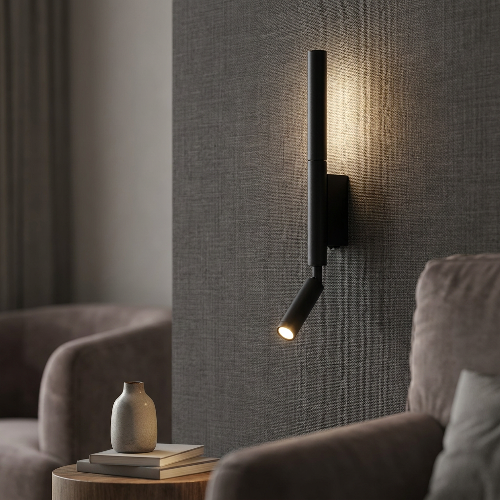 Minimalist black LED wall sconce with an integrated reading light mounted on a grey textured wall.