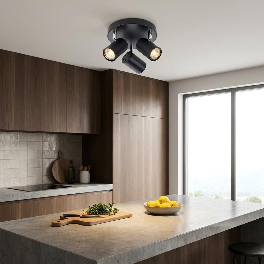 Arezzo 3 Light Round Black Spotlight on a white ceiling in a modern wood kitchen with a stone island.