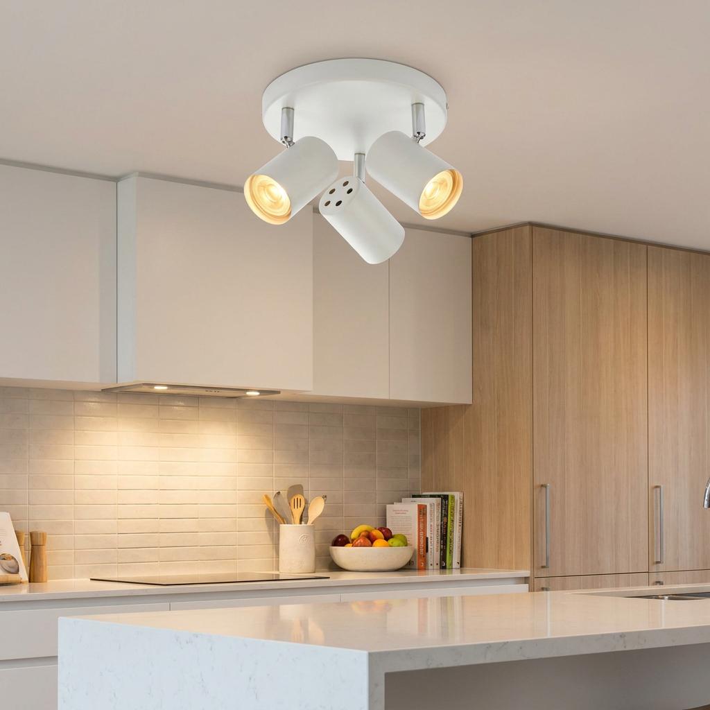 Arezzo three-light white round spotlight fixture mounted on a kitchen ceiling, illuminating a modern workspace.