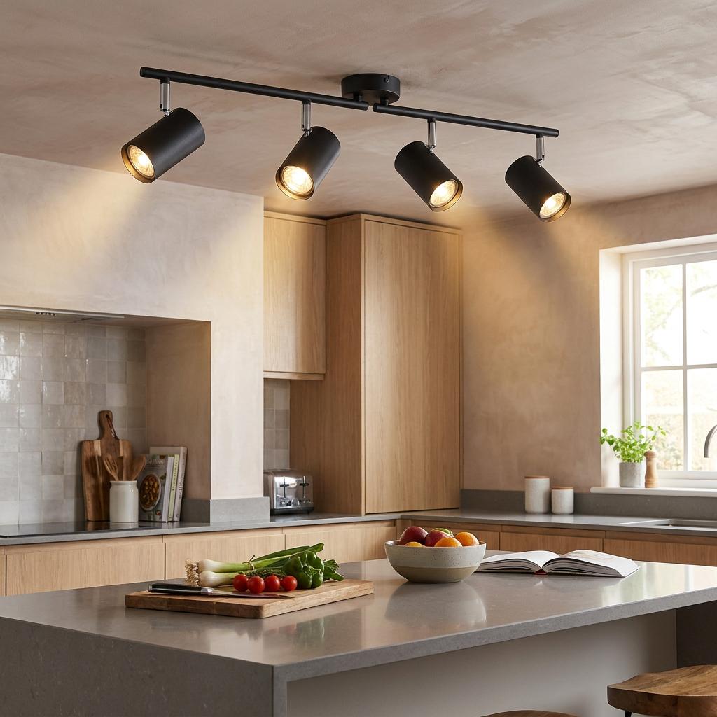 Black Arezzo 4-light bar spotlight fixture illuminated over a modern kitchen island.