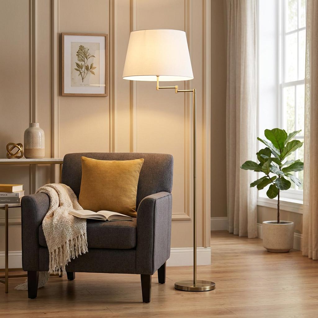 Antique brass floor lamp with a white shade lighting a grey armchair in a cozy, neutral-toned living room.