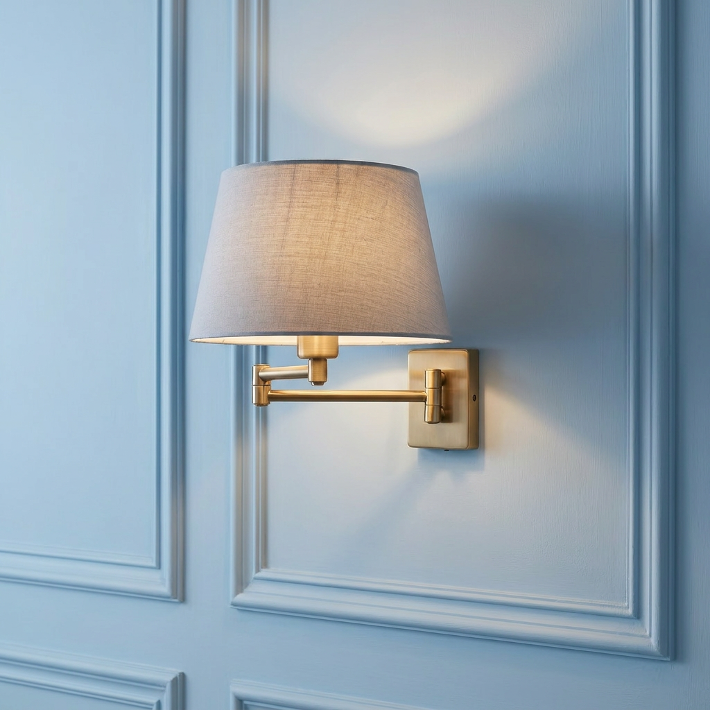 Armada antique brass swing arm wall light with a soft grey fabric shade mounted on a light blue paneled wall.