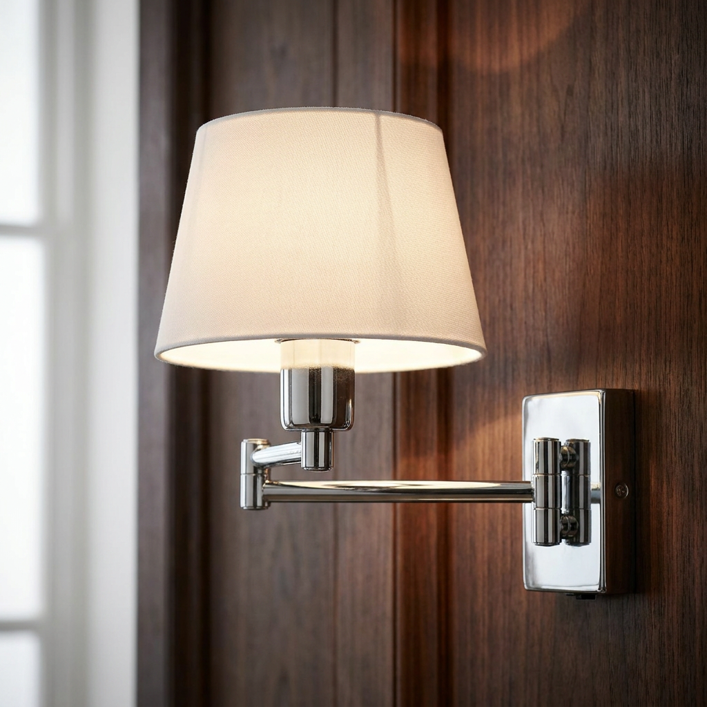 Polished chrome double swing arm wall light with a white fabric shade mounted on a dark wood panel.