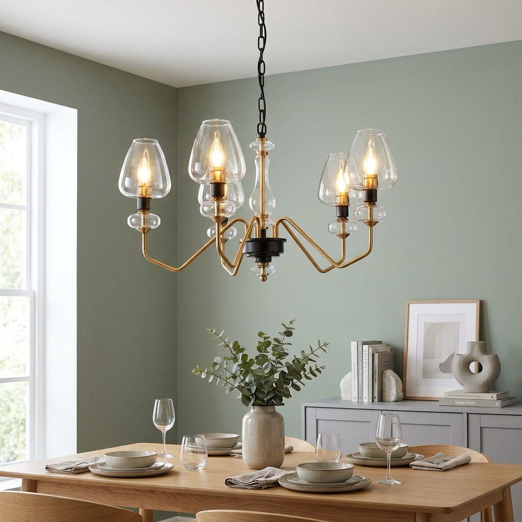 Armand 5-light aged brass and black chandelier with glass shades hanging over a wooden dining table.