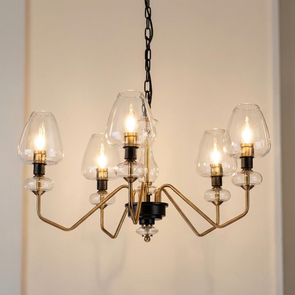 Armand 5-light aged brass chandelier with clear glass shades and black accents hanging against a neutral wall.