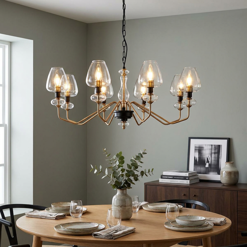 Armand 8-light aged brass chandelier with clear glass shades hanging over a wooden dining table in a modern room.