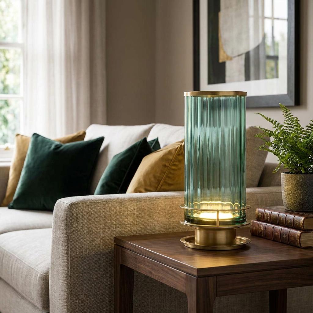 A green fluted glass table lamp with brass trim sits on a wooden side table in a cozy living room.