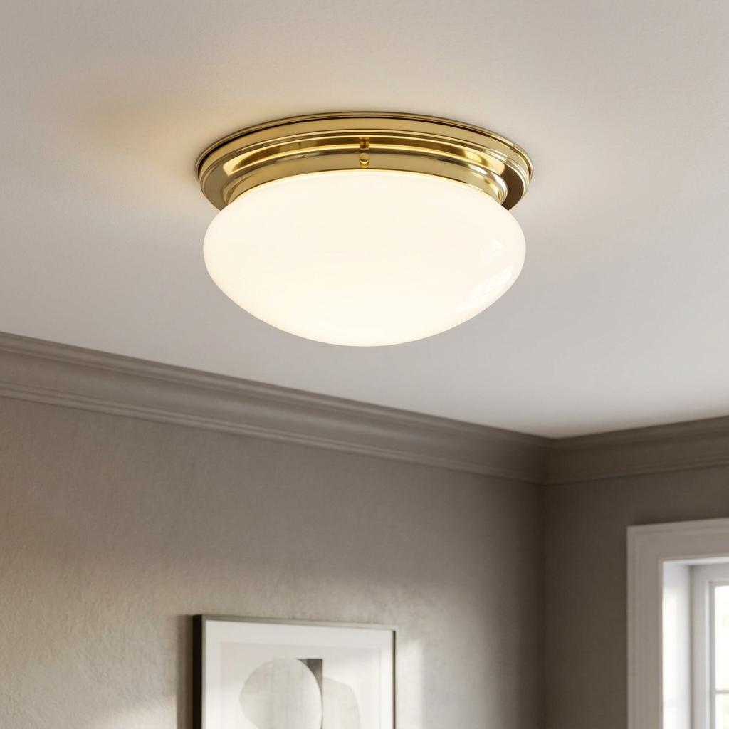 A glowing opal bowl flush ceiling light with a polished brass Art Deco base in a neutral-toned room.