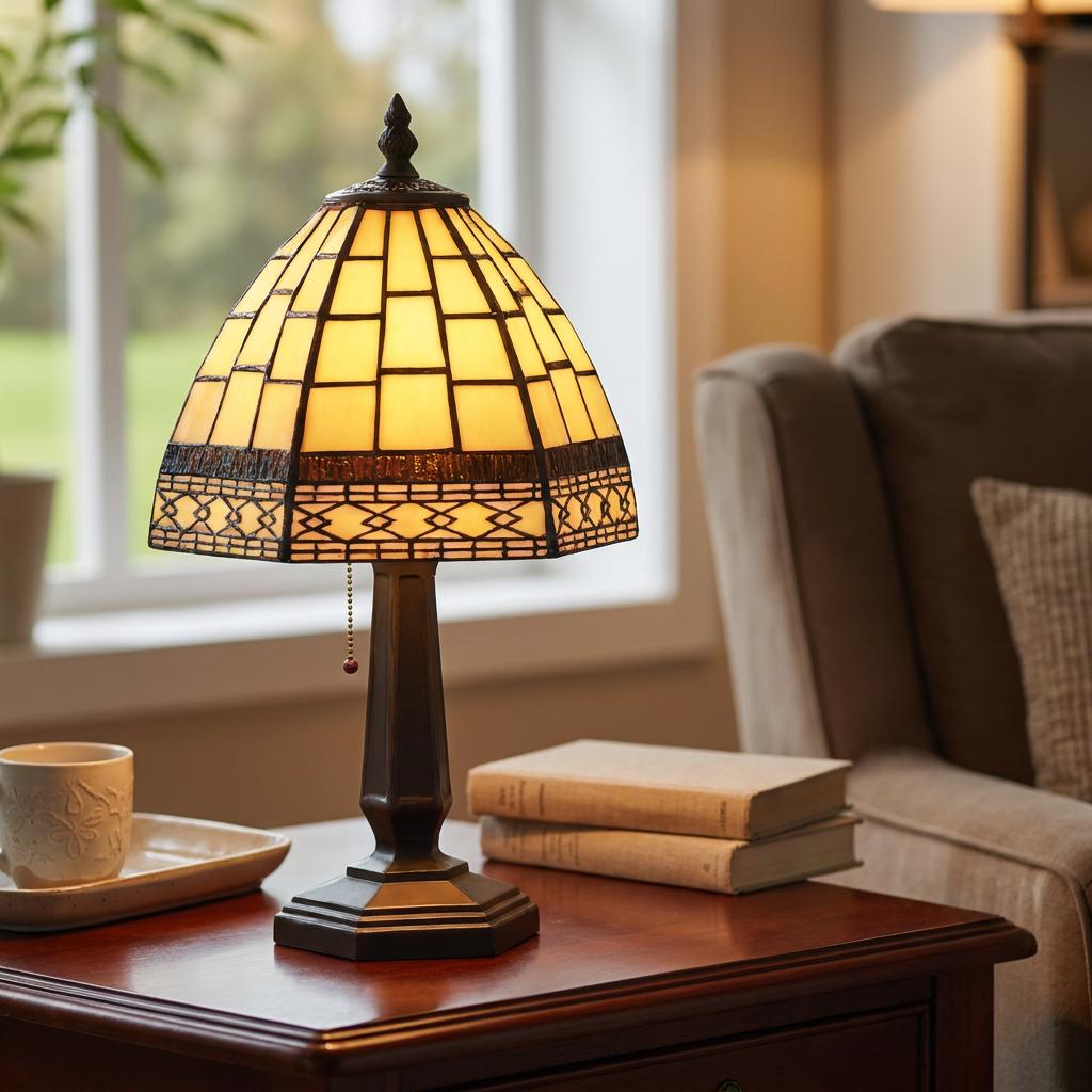 Art Deco Tiffany table lamp with a cream geometric glass shade lit on a wooden side table beside books.