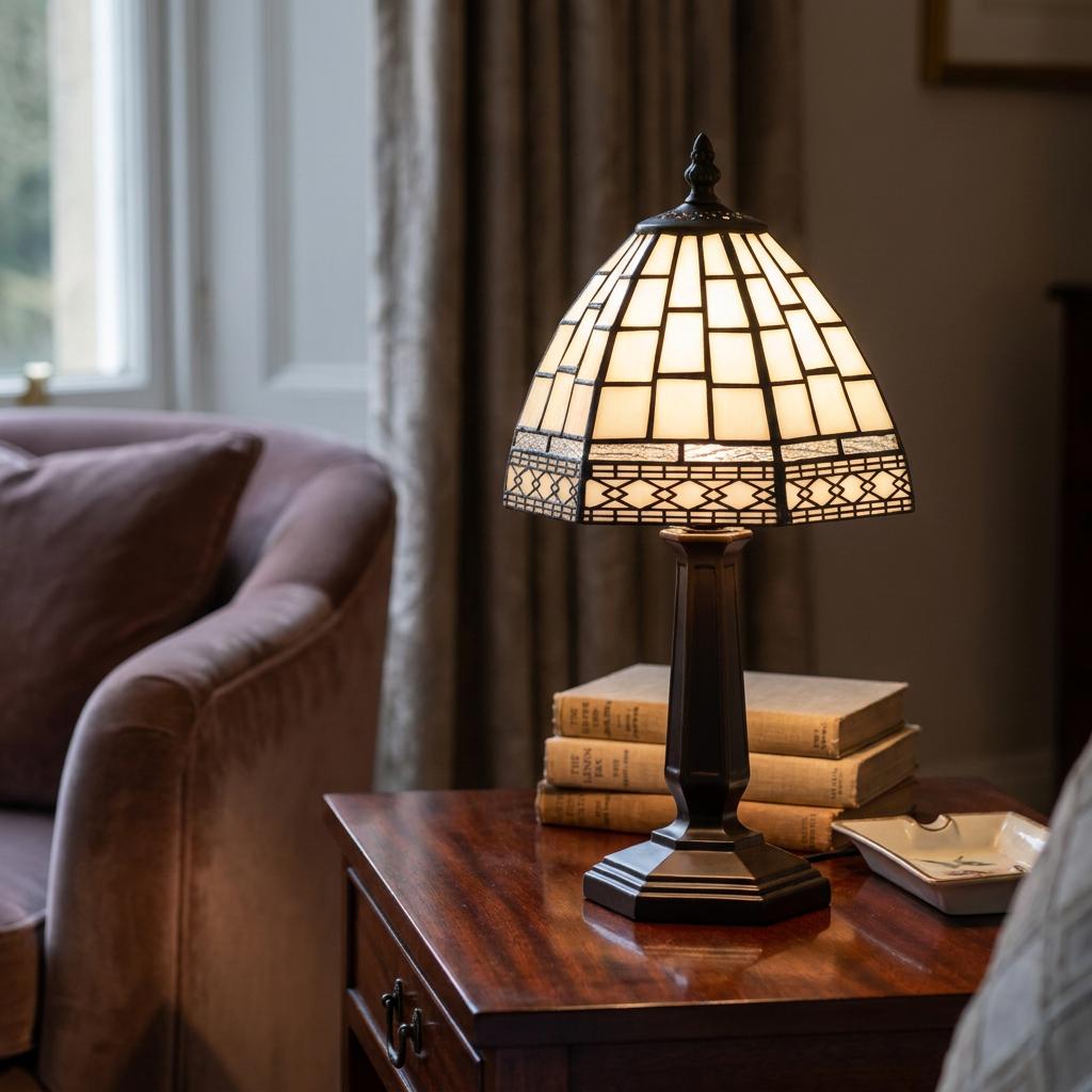 Art Deco Tiffany lamp with glowing white glass panels on a wooden table beside vintage books and a velvet armchair.