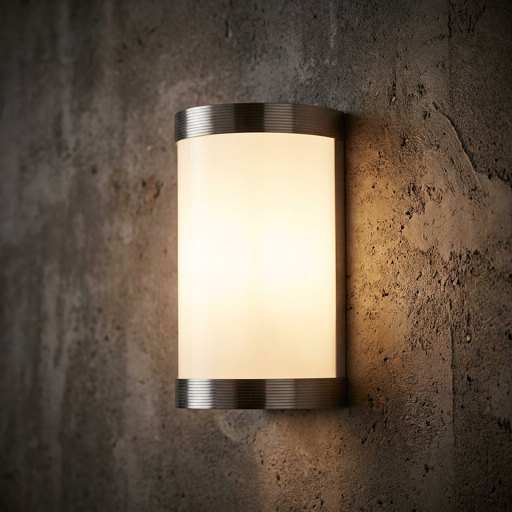 Illuminated Art Deco wall light with reeded metal trim and white diffuser on a textured concrete wall.