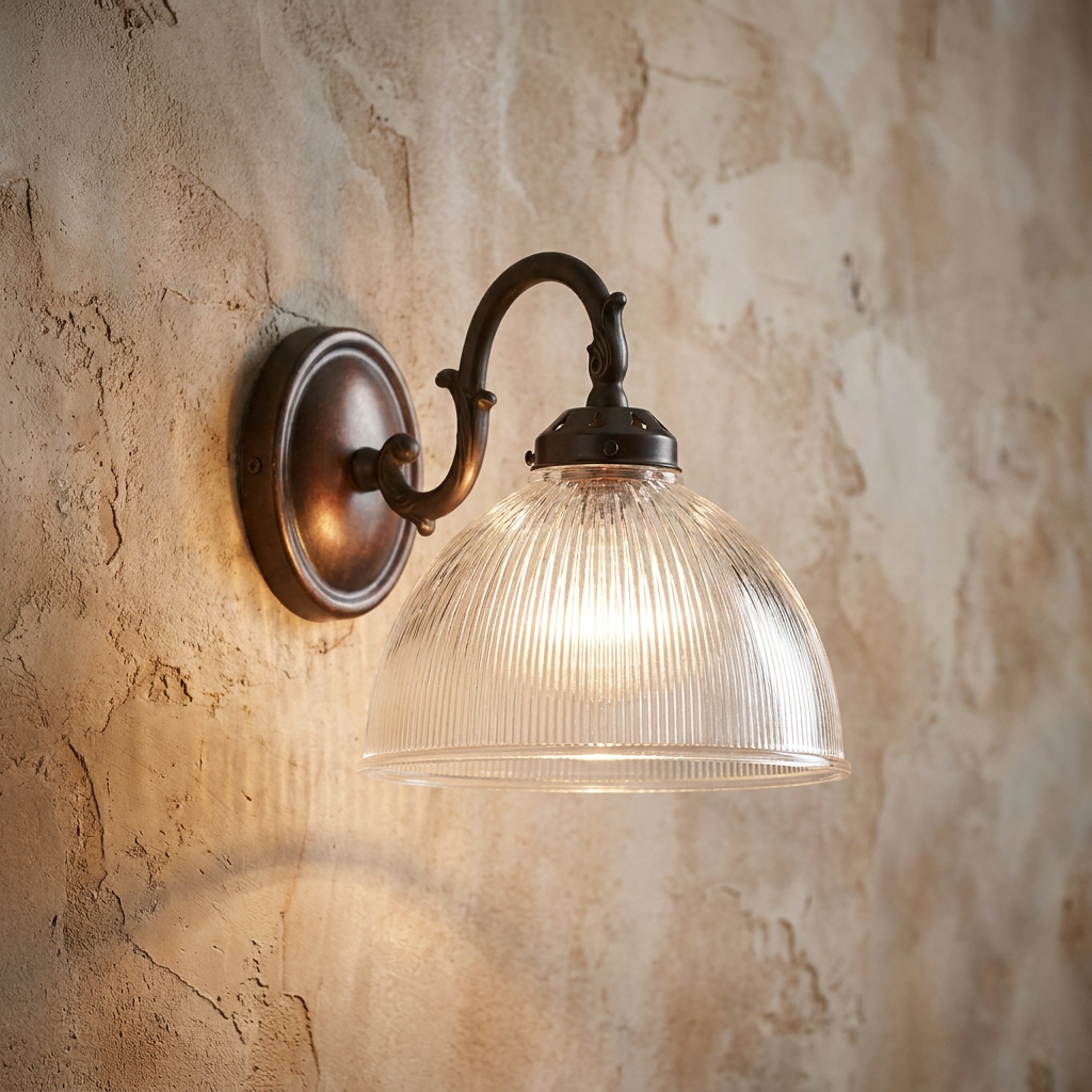 Art Deco wall light with a ribbed glass dome shade and curved bronze arm on a textured wall.