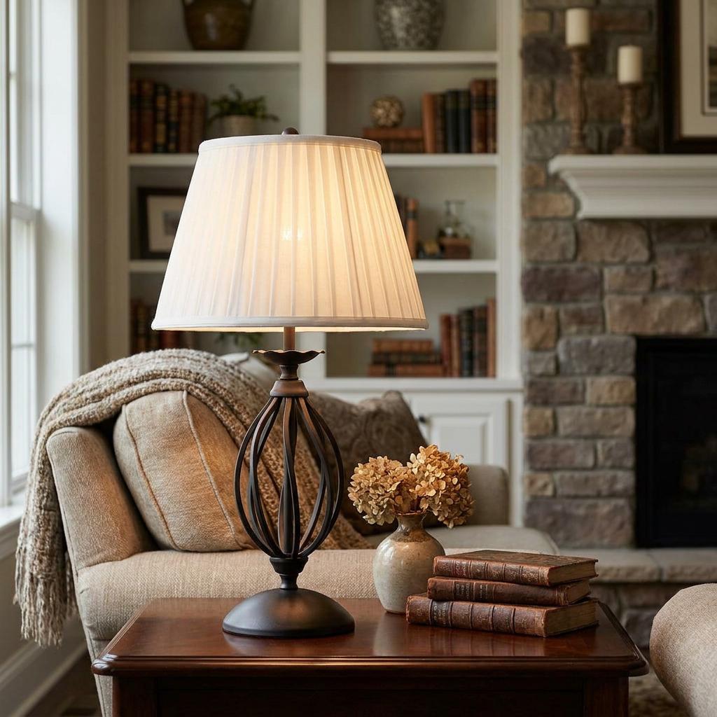 Black wrought-iron table lamp with a pleated cream shade on a wooden table in a cozy living room.