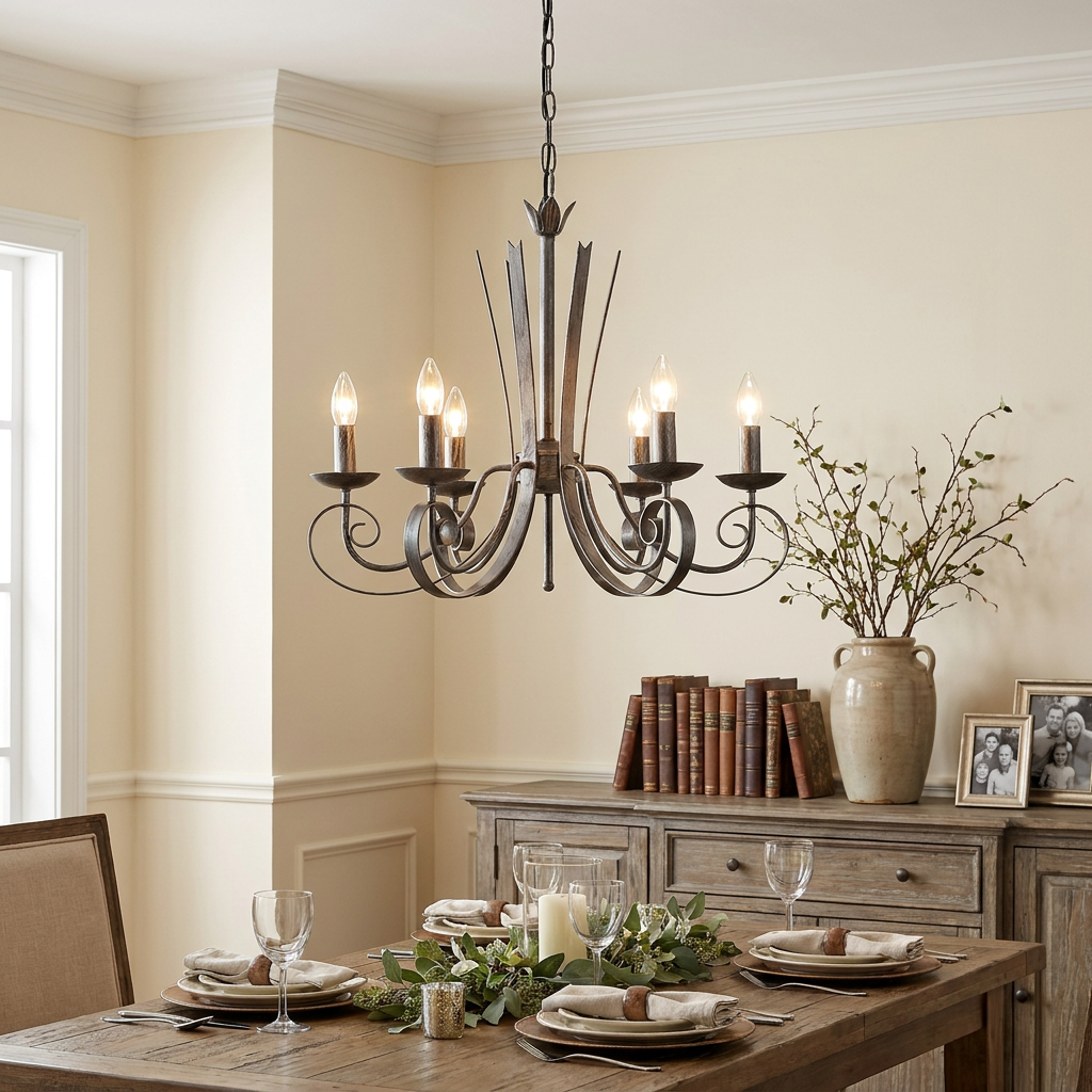 Arundel 6-light chandelier in silver brushed black with candle-style bulbs hanging over a wooden dining table.