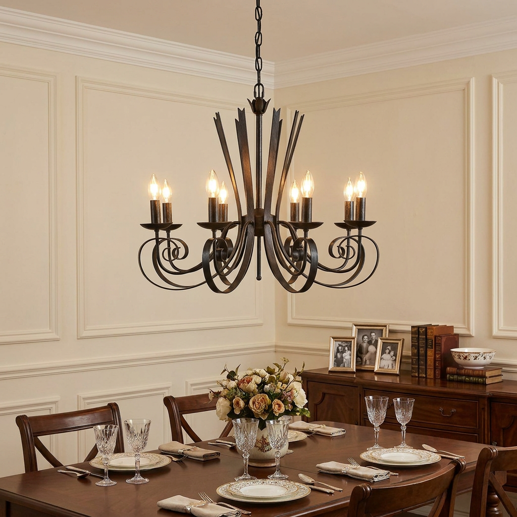 Arundel 8-light silver brushed chandelier with candle bulbs hanging above a set dining table in a traditional room.