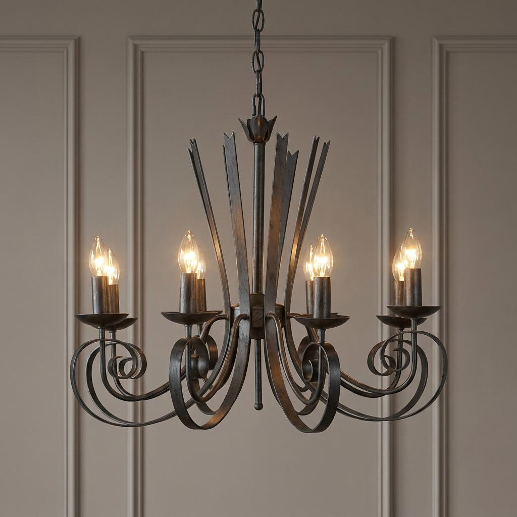 Arundel 8-light silver brushed chandelier with scrolling arms and central spikes against a paneled wall.