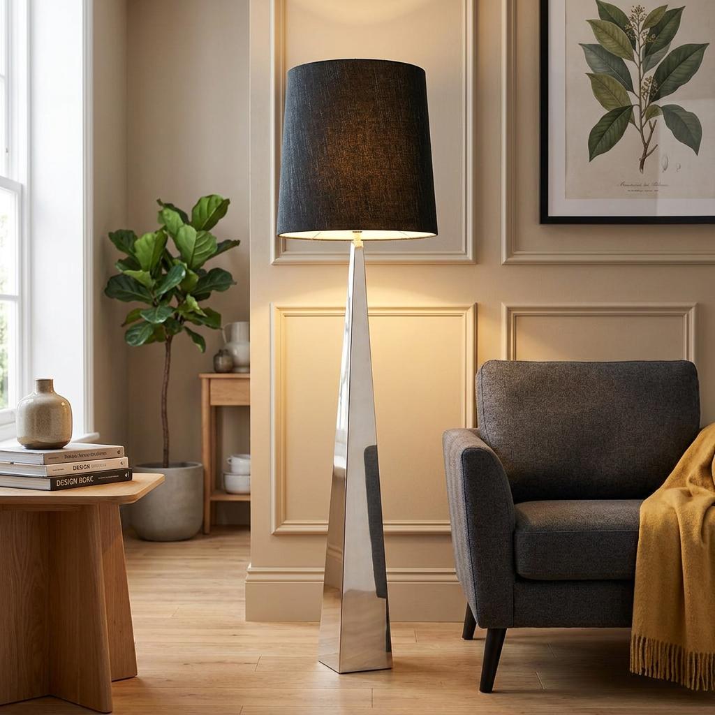 Ascent 1 Light floor lamp with a polished nickel tapered base and black shade in a modern living room setting.