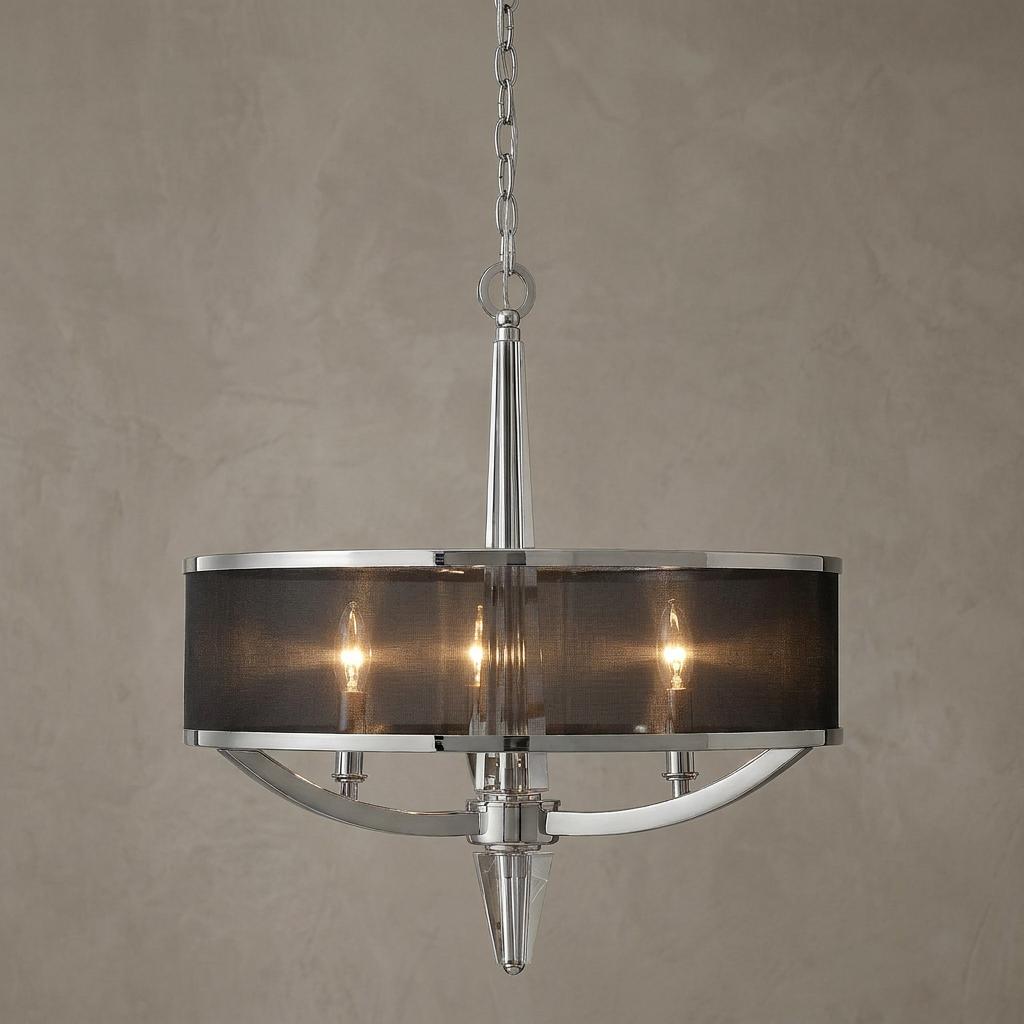 Ascher three-light polished nickel pendant with a black organza drum shade and glowing candle-style bulbs.