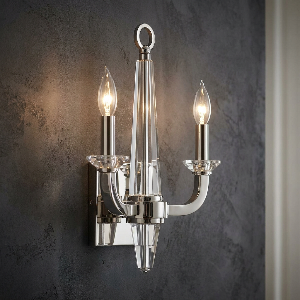 Ascher polished nickel double wall light with faceted glass accents on a dark textured wall, emitting a warm glow.