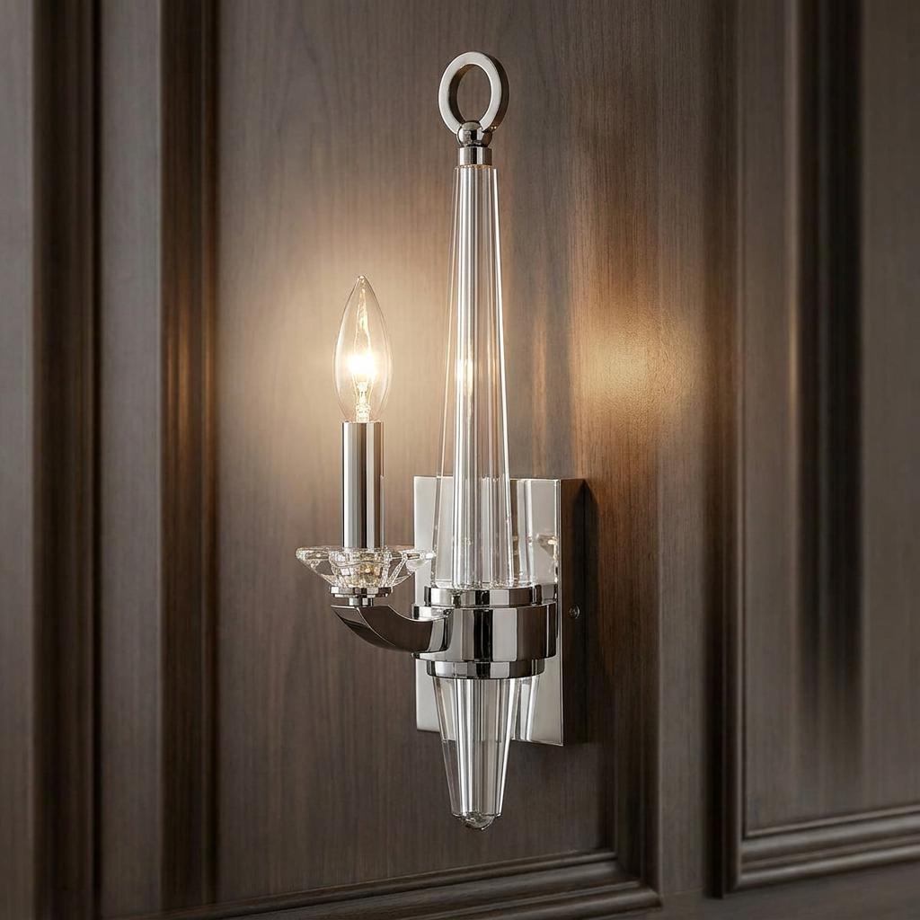 Ascher polished nickel wall light with a glowing candle bulb and glass spire on a dark wood paneled wall.