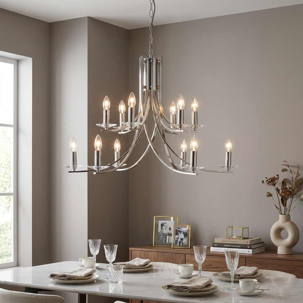 A twelve-light satin silver chandelier with glass sconces hanging above a set marble dining table.