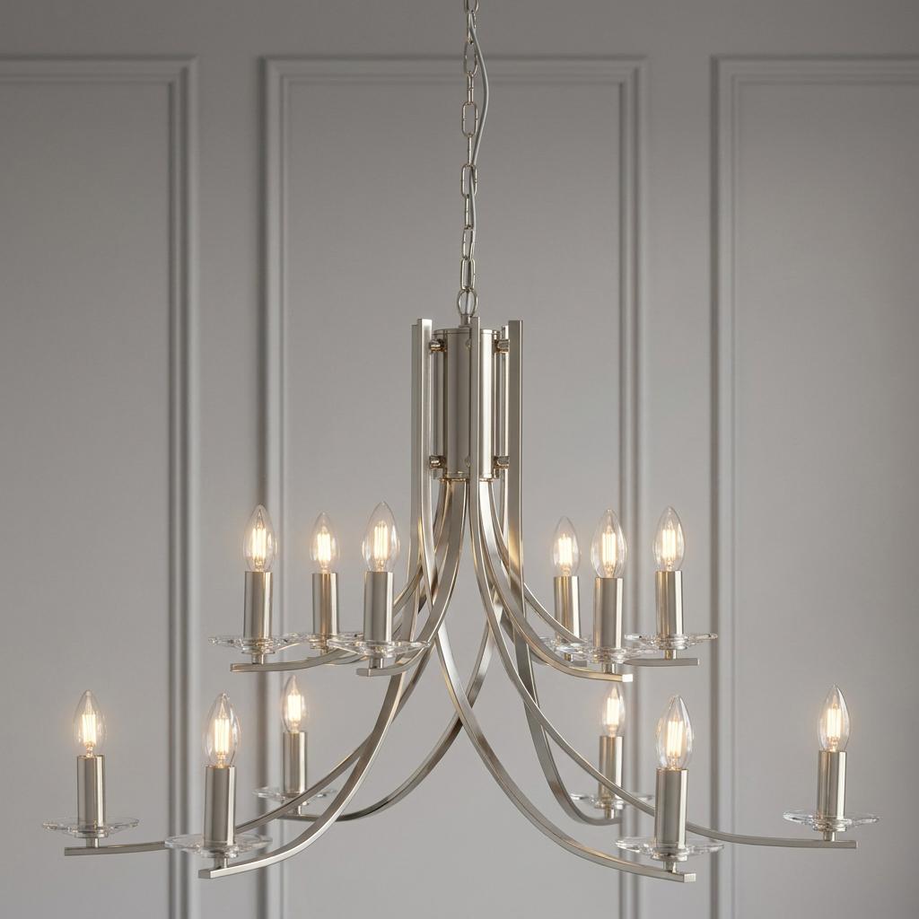 Twelve-light satin silver chandelier with glass sconces and curved arms against a grey paneled wall.