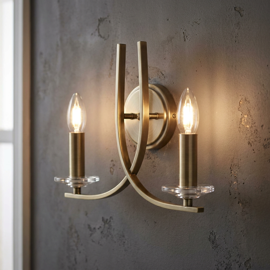 Antique brass wall light with two candle bulbs and clear glass sconces mounted on a dark textured wall.