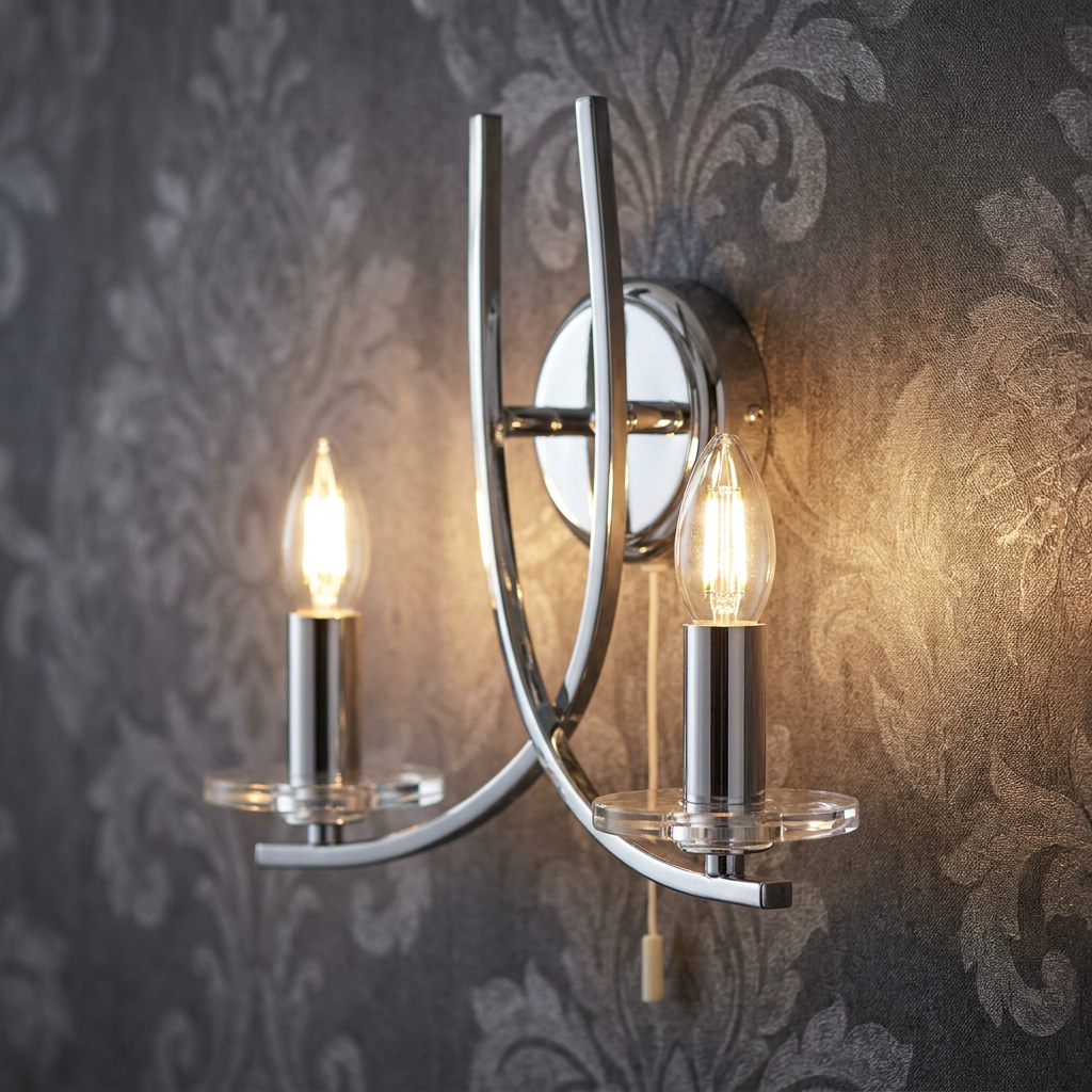 A two-light chrome wall sconce with clear glass discs and glowing candle bulbs on a dark damask wallpaper background.