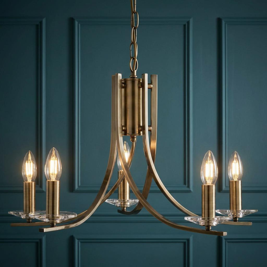 Ascona 5-light antique brass chandelier with glass sconces and lit bulbs against a teal paneled wall.