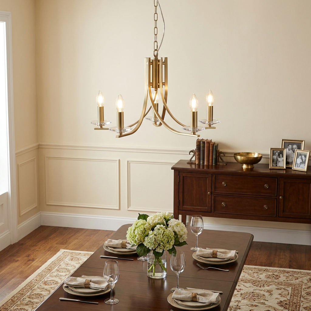 Ascona 5 Light Pendant in satin brass hanging above a set dining table with a hydrangea centerpiece.