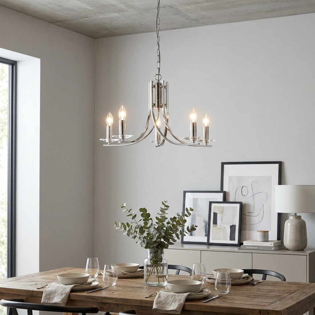 Satin silver 5-light chandelier with glass sconces hanging above a rustic wooden dining table in a modern home.