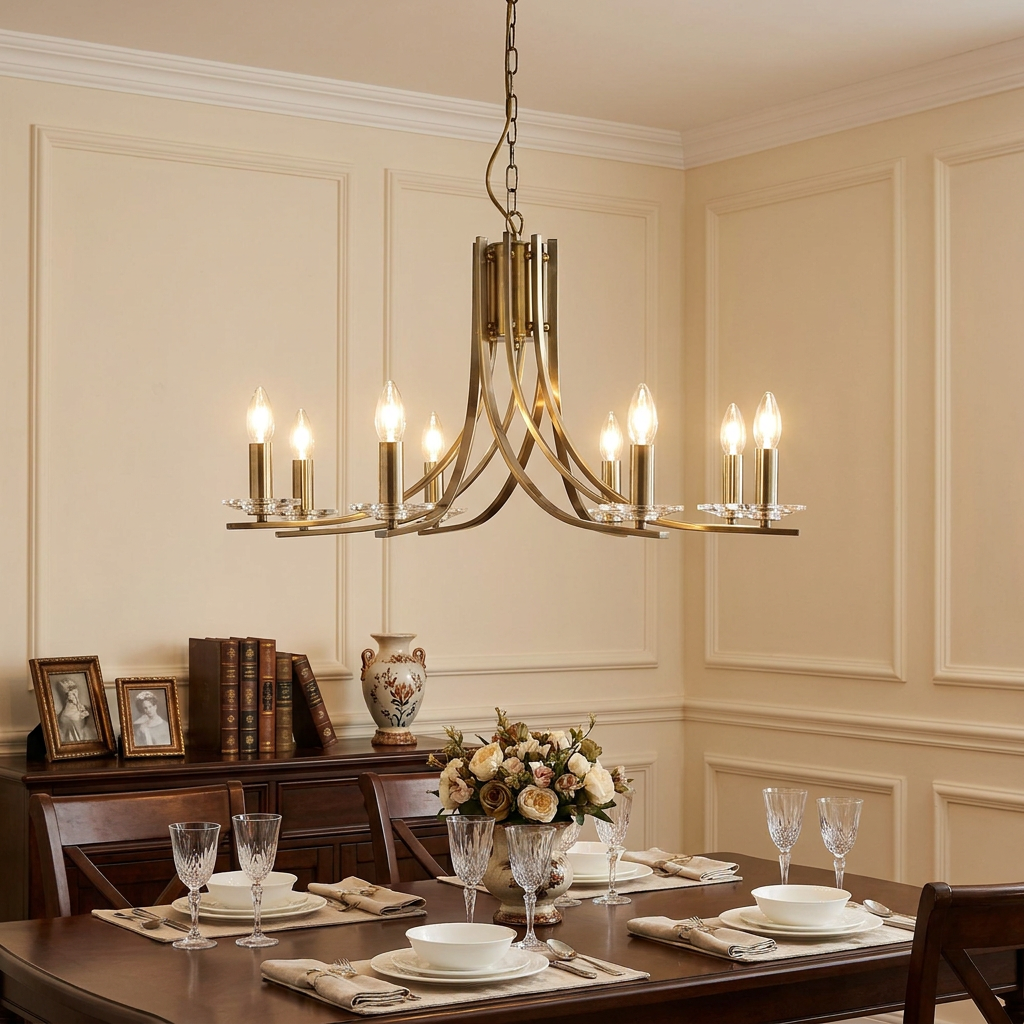8-light antique brass chandelier with glass sconces hanging above a set dining table in a traditional room.