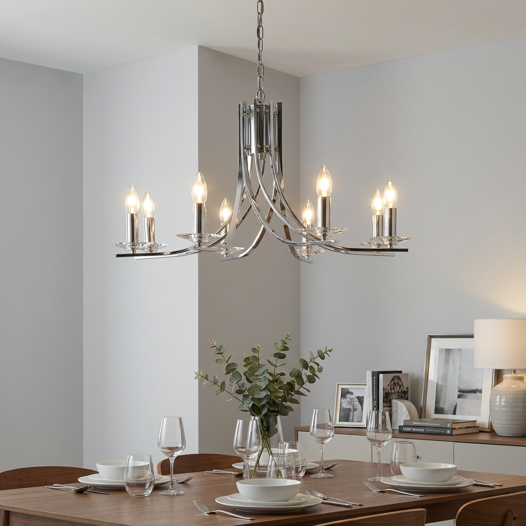 Ascona 8-light chrome chandelier with glass sconces hanging above a dining table in a modern neutral room.