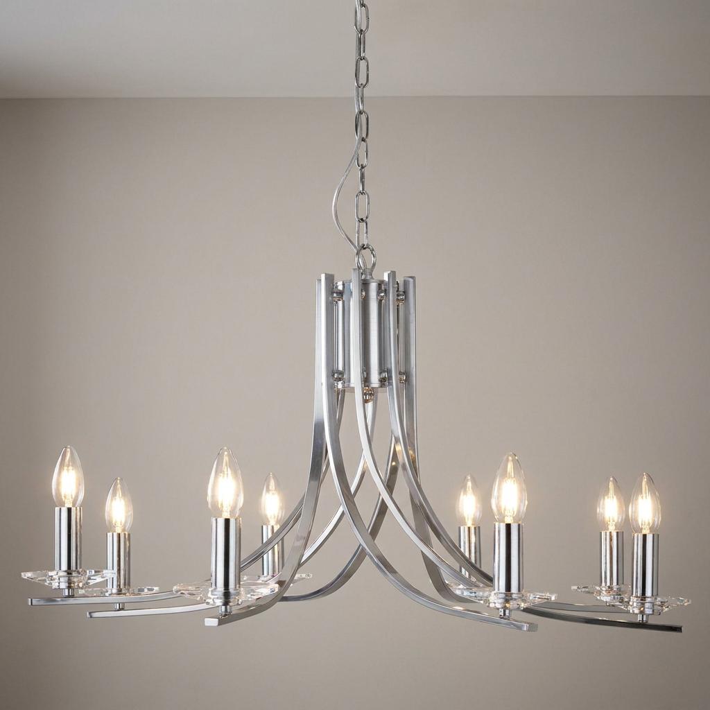 Ascona 8-light satin silver chandelier with elegant curved arms and clear glass sconces against a neutral background.