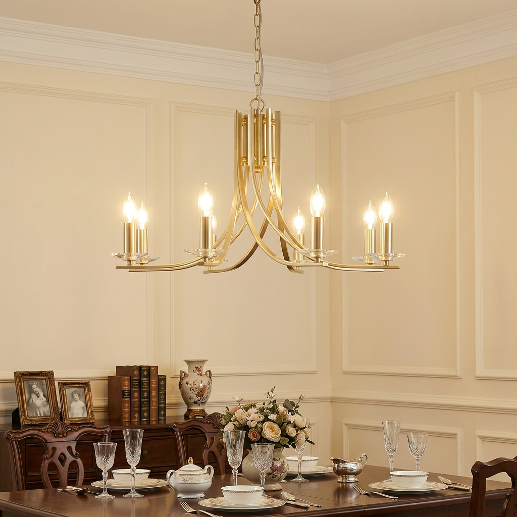 A satin brass 8-light chandelier with elegant curved arms hangs over a formal dining room table.