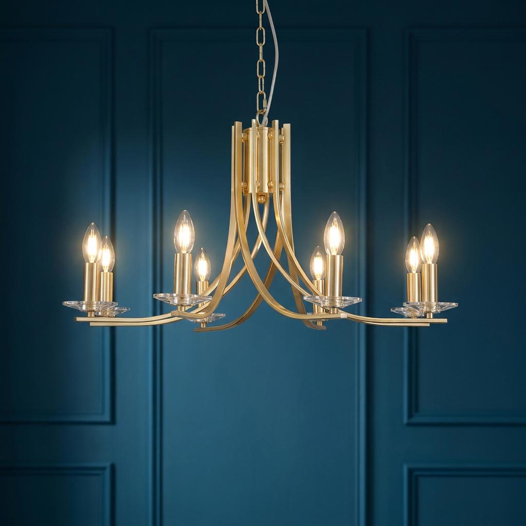 Satin brass 8-light chandelier with elegant curved arms and lit candle bulbs against a dark teal paneled wall.
