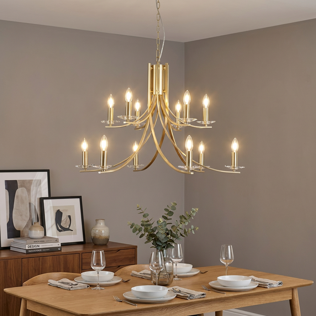 Ascona satin brass two-tier chandelier with curved arms hanging above a set wooden dining table.
