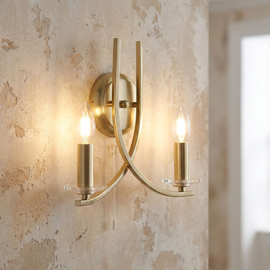 Satin brass Ascona wall light with two candle-style bulbs and curved arms on a textured wall.