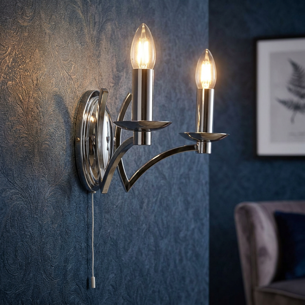 Polished chrome two-light wall sconce with candle bulbs and pull cord on a blue textured wallpaper.