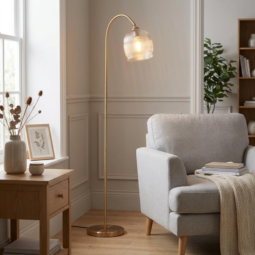 Arched brass floor lamp with an illuminated ribbed glass shade next to a grey armchair in a cozy living room.