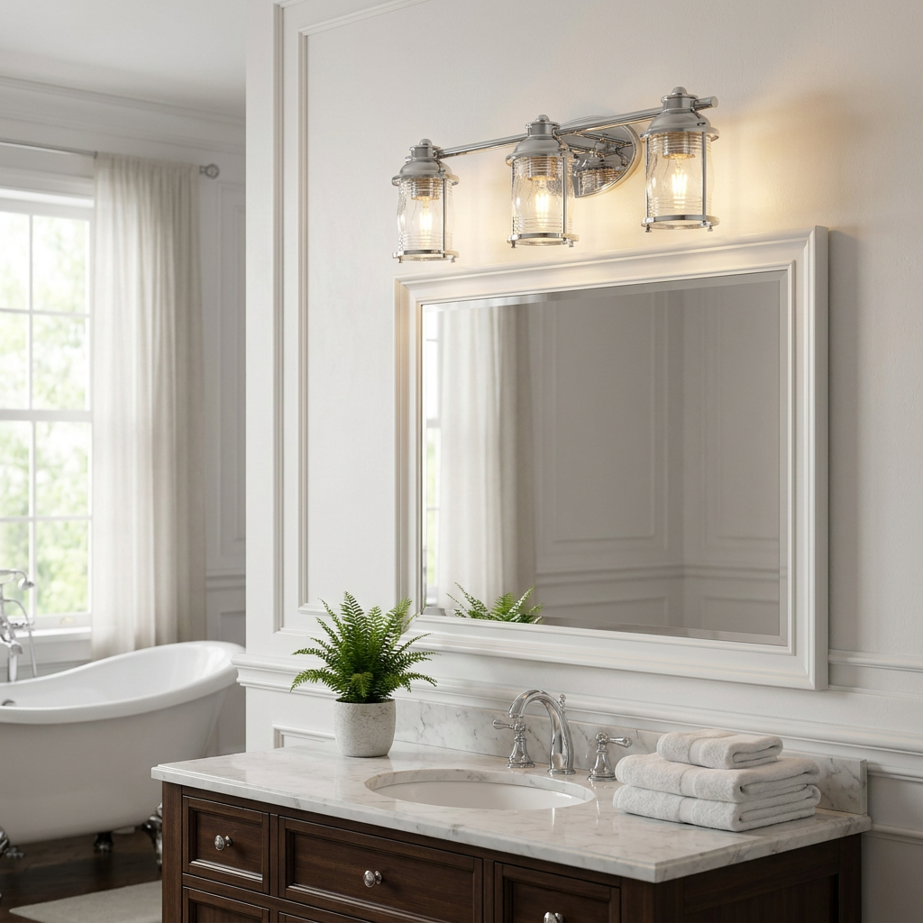 Ashland Bay 3-light polished chrome wall light with clear glass shades mounted above a white framed bathroom mirror.