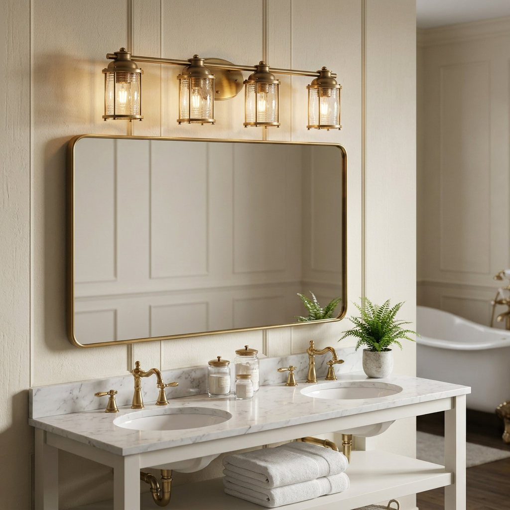 Ashland Bay 4-light brass wall light with glass shades installed over a large gold-framed mirror in a bathroom.