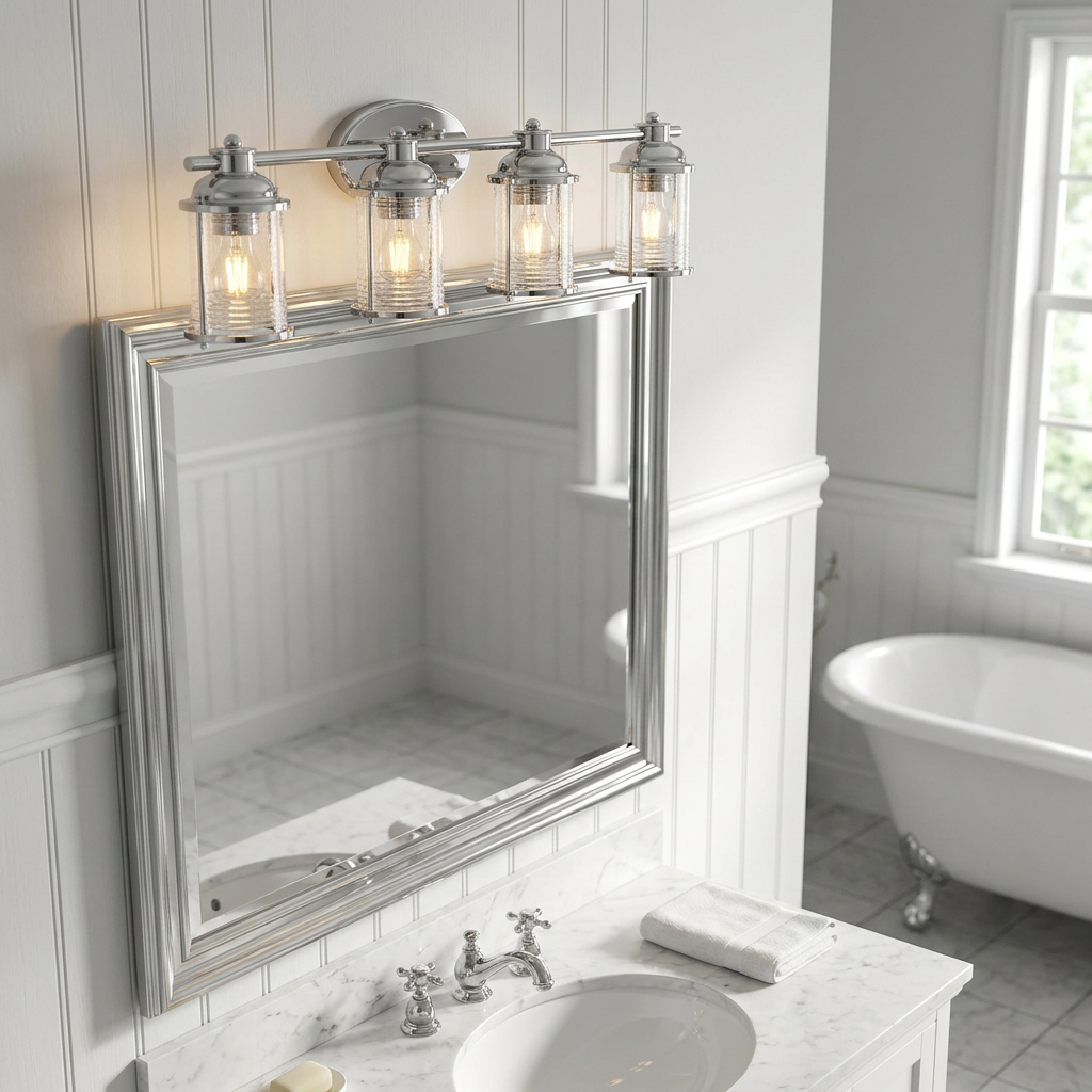Ashland Bay 4-light polished chrome wall fixture with seeded glass shades above a bathroom vanity mirror.